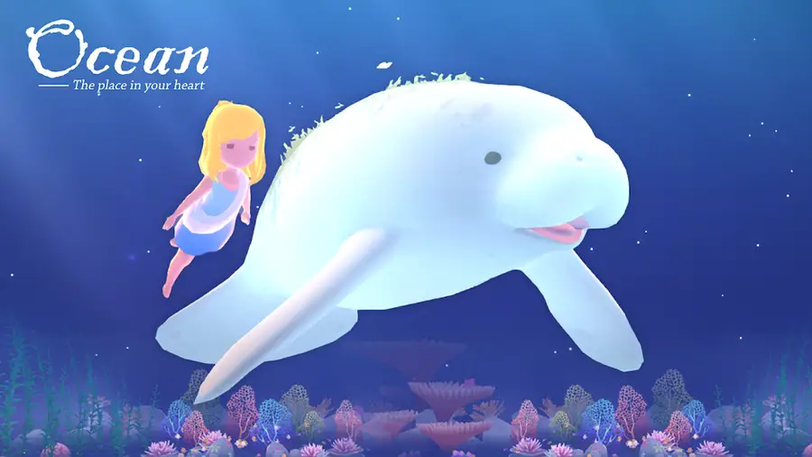 Cena de Ocean: uma personagem infantil nada ao lado de uma baleia branca sobre um fundo azul-noite.